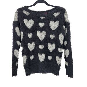 Vintage Fuzzy Eyelash Sweater‎ XS Black White Heart Stretch Whimsical Kidcore